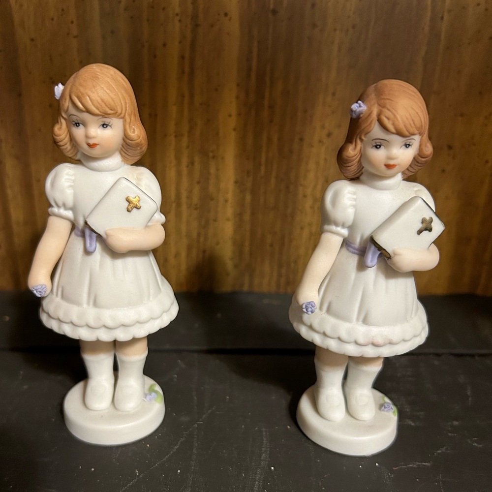 Enesco Growing Up Girls Set Of 2 Brunette Communion Figurine 1991